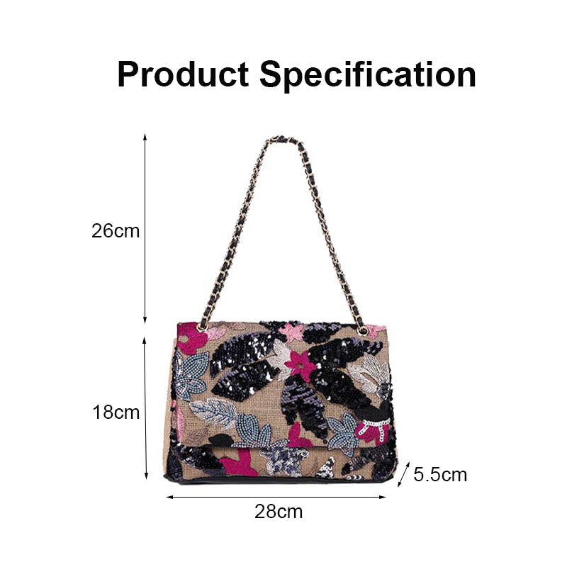 Women Fashion Crossbody Embroidery Shoulder Bag with Chain for Vacation-Black