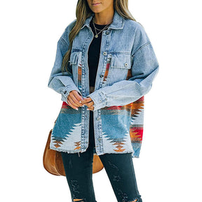 Aztec Denim Jacket for Women Distressed Lapel Long Sleeve Coat-Orange