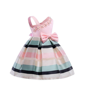 3-9T Girls Kids Single Shoulder Striped Floral Ruffles Flower Dress Ball Gown-Pink