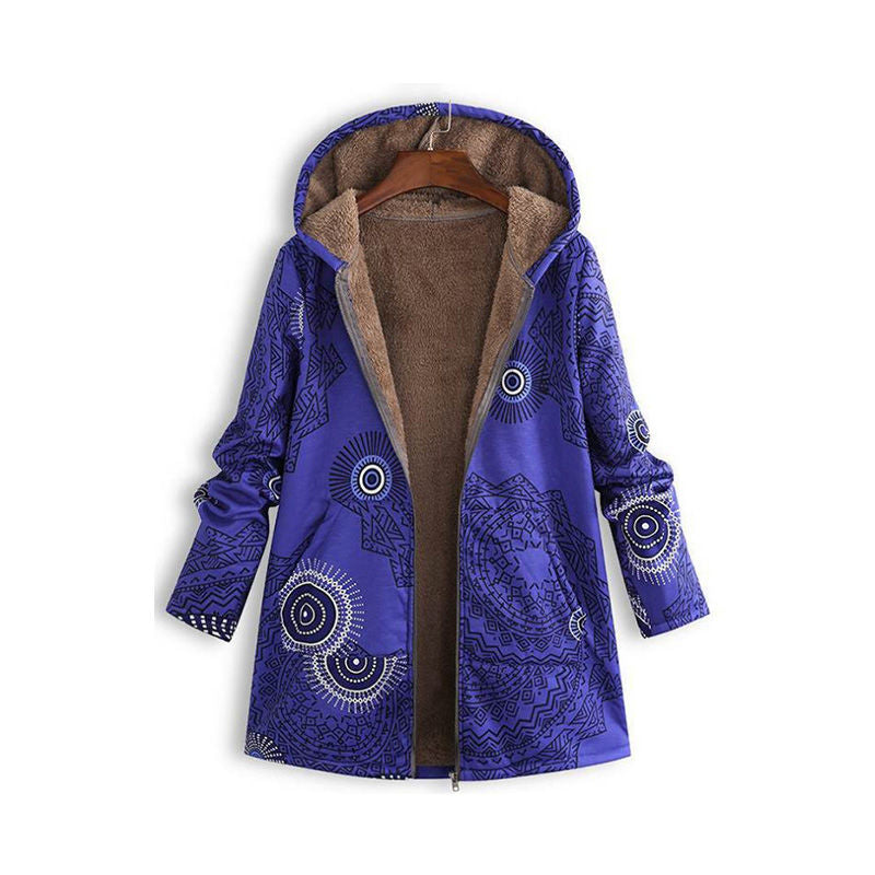 Womens Winter Printed Fleece Jacket Casual Sherpa Lined Fuzzy Jacket-CircleBlue