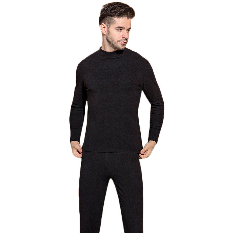 Mens Soft Thermal Underwear Set Plush Lined Half Turtleneck-Black