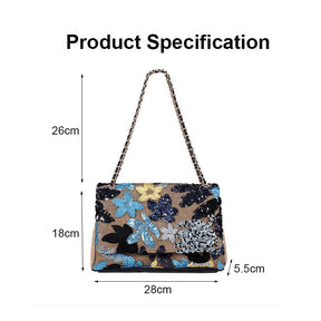 Women Fashion Crossbody Embroidery Shoulder Bag with Chain for Vacation-Navy Blue