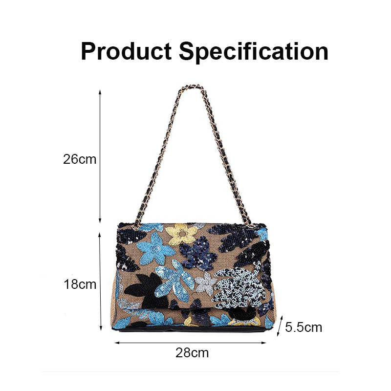 Women Fashion Crossbody Embroidery Shoulder Bag with Chain for Vacation-Navy Blue