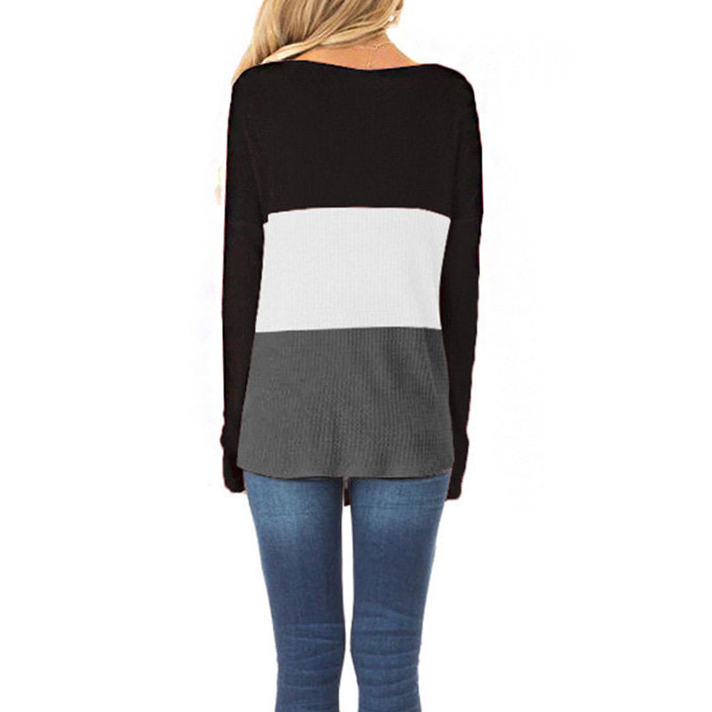 Womens Long Sleeve V-neck Autumn T-shirt Loose Top with Pockets-Black