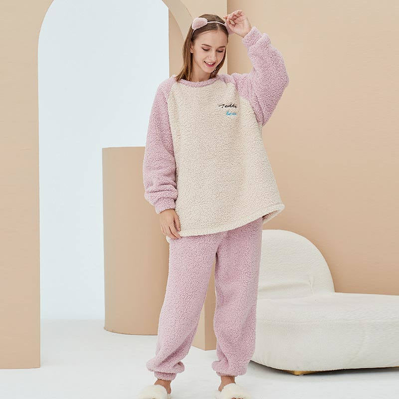 Crewneck Colorblock Pajamas Set for Couple-Pink