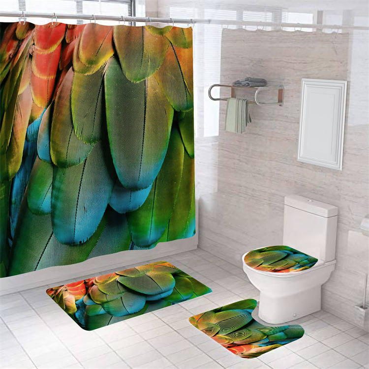 4 Pcs Shower Curtain Set Bath Mat U Shape and Toilet Lid Cover Mat with 12 Hooks-A7