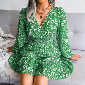 Womens Floral Long Sleeve V Neck Elastic High Waist Chiffon Dress-Green