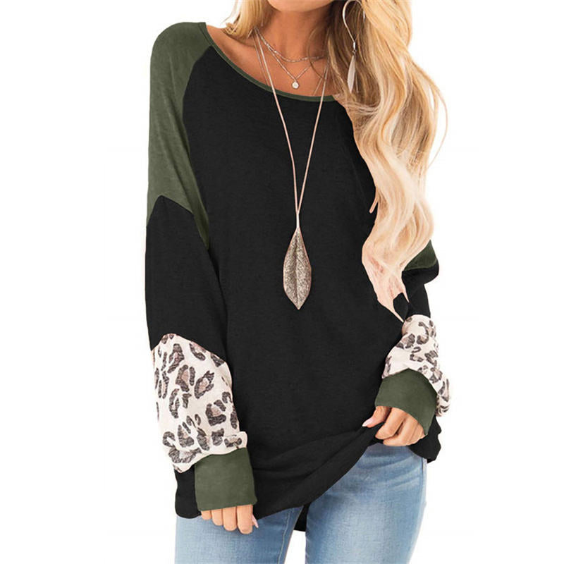 Womens Color-Blocking Pullover Raglan Long Sleeve Loose Shirt-Black