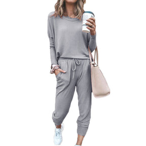 Women Loose Solid Color Long Sleeve Top Casual Drawstring Pants with Pockets-Gray