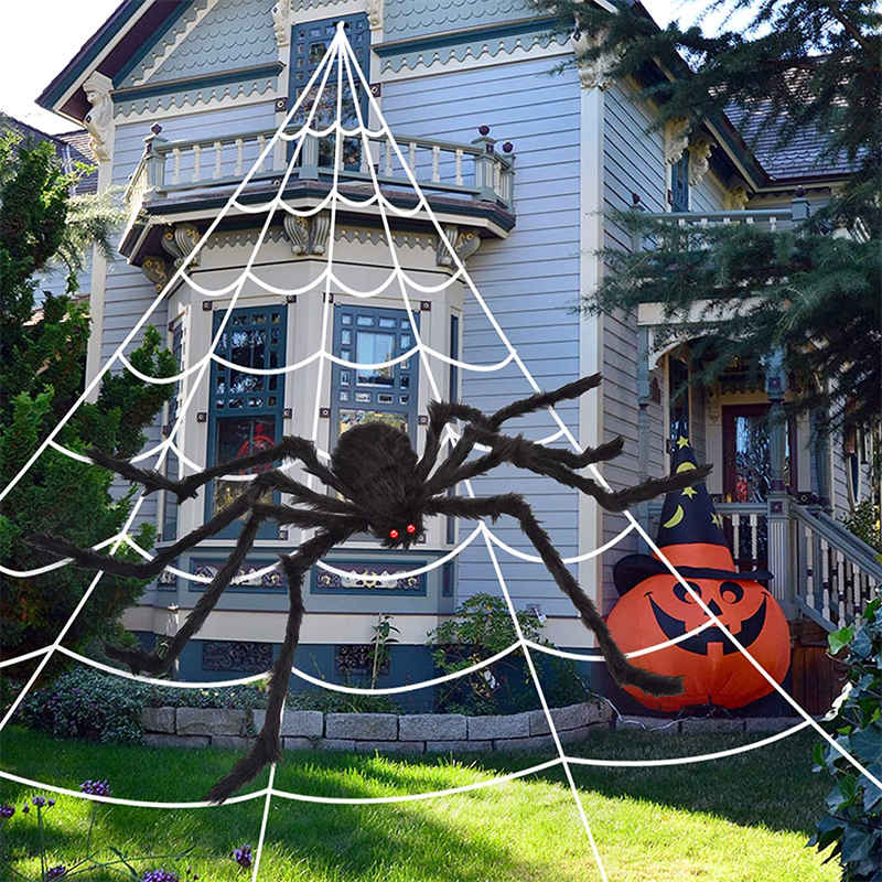 200 inches Halloween Triangular Spider Web and 59 inches Giant Spider Decorations for Yard Haunted House Decor