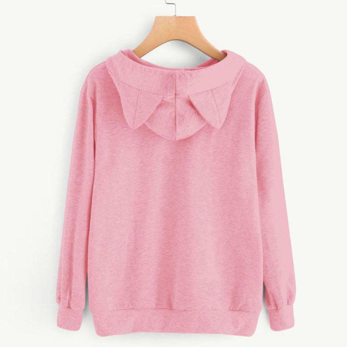 Women Teen Girls Cat Printed Hoodie Sweatshirt Cute Cat Ear Pullover Sweatshirt-Pink
