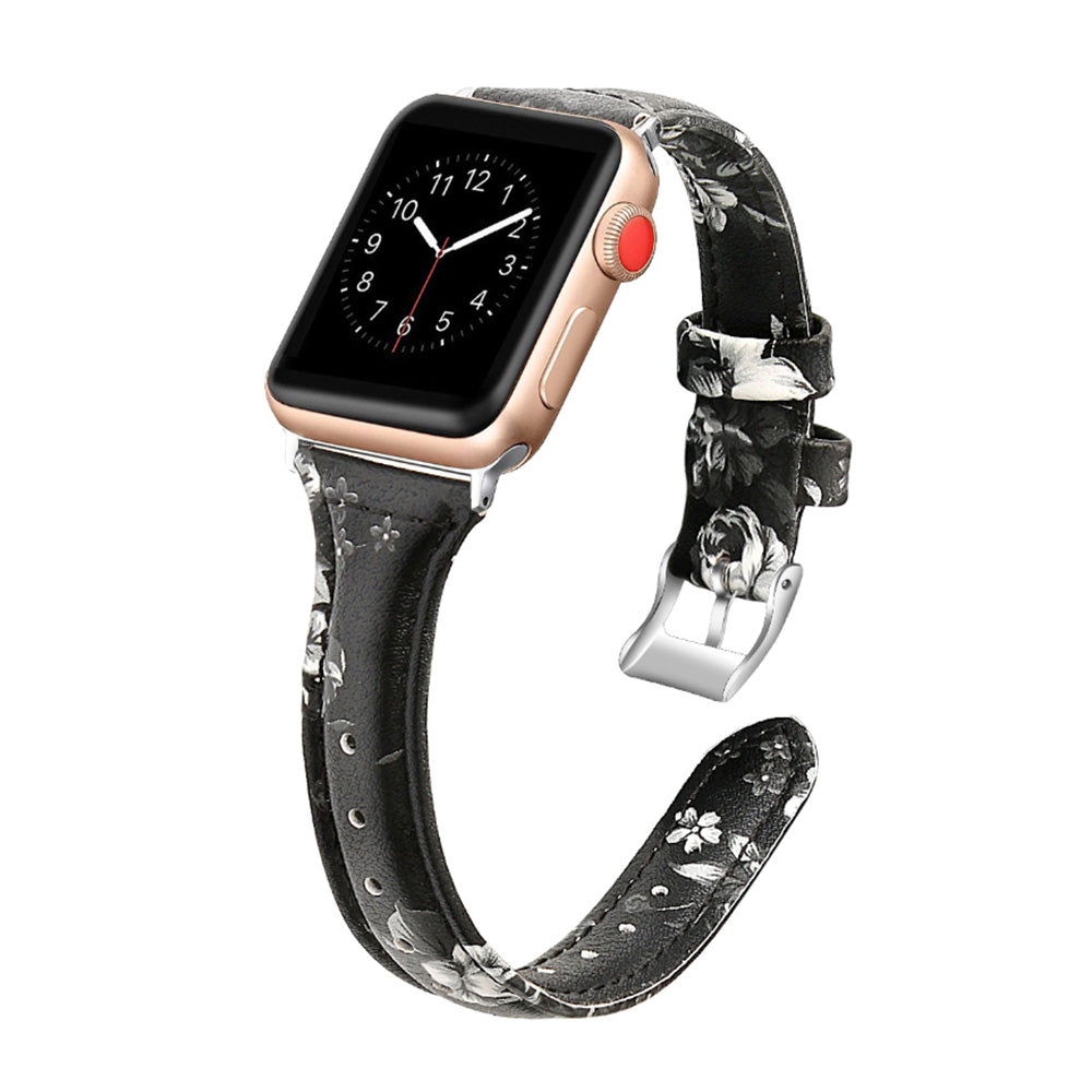 Slim Flower Printed Leather Watch Band For Apple Watch SE/6/5/4/3/2/1(Grey Flower)