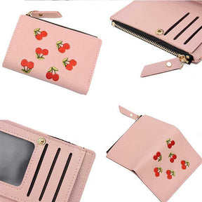 Women Cute Small Wallet Cherry Pattern Card Holder-Pink