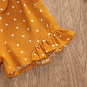 Baby Girl Clothes Self Tie Sleeveless Romper Heart Shape Print Jumpsuit-Yellow