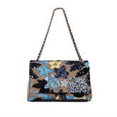 Women Fashion Crossbody Embroidery Shoulder Bag with Chain for Vacation-Navy Blue