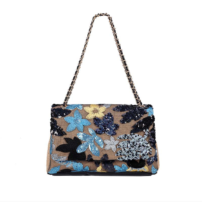Women Fashion Crossbody Embroidery Shoulder Bag with Chain for Vacation-Navy Blue