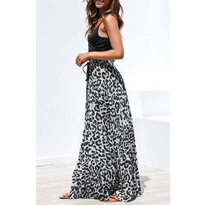 Women's Gold Velvet Fashion Leopard Printing Maxi Skirt High Elastic Shirring Waisted Dress-Light Gray