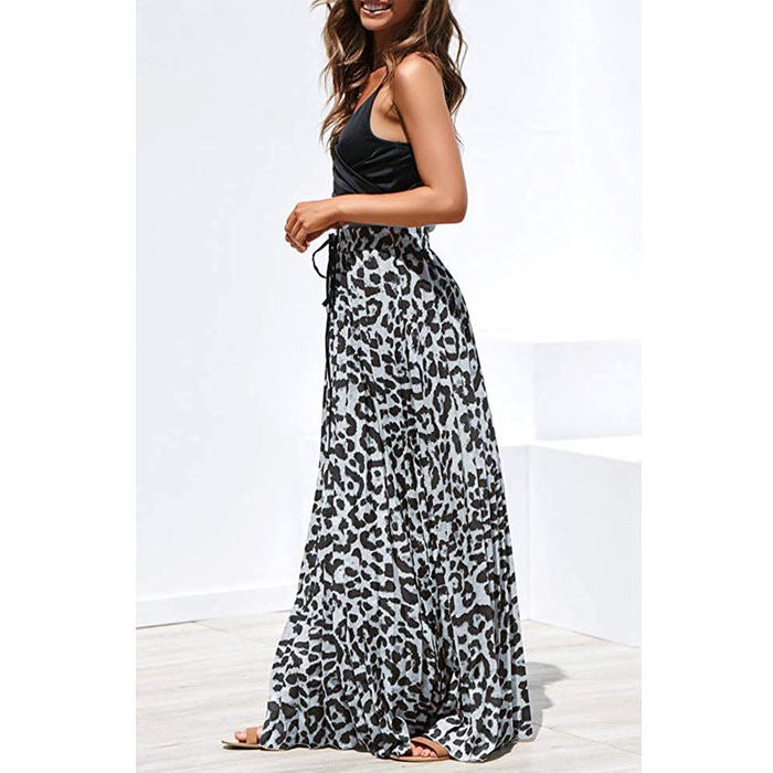 Women's Gold Velvet Fashion Leopard Printing Maxi Skirt High Elastic Shirring Waisted Dress-Light Gray