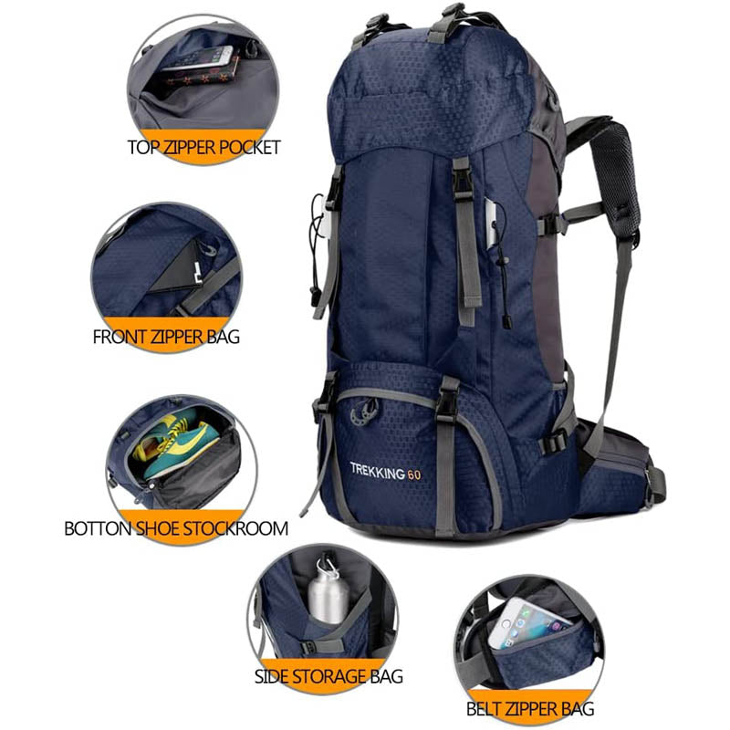 60L Waterproof Lightweight Hiking Backpack with Rain Cover for Climbing Camping-Navy Blue