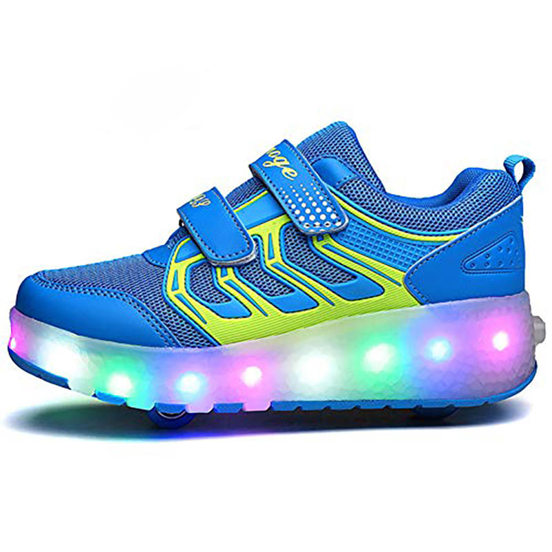 Kids Two Wheels Sneakers with Lights Rechargeable Roller Skates Shoes for Boys Girls-Blue