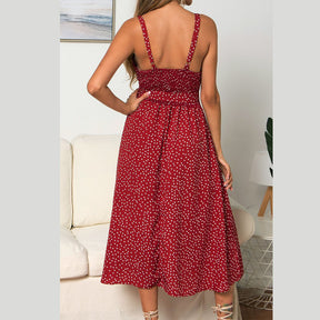 Womens Summer Suspenders Ruffle Polka-dot Printed Dress-Red