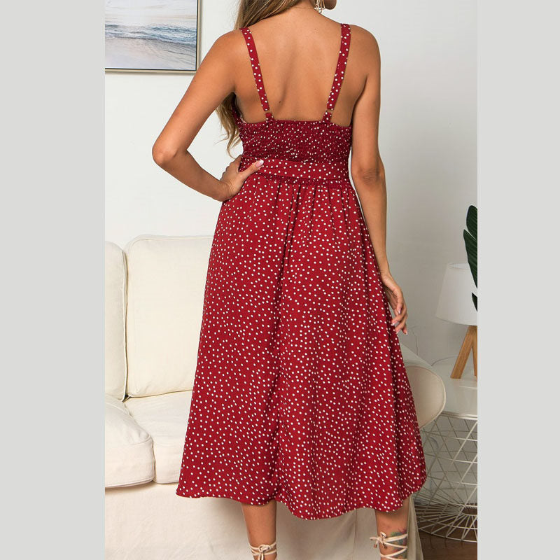 Womens Summer Suspenders Ruffle Polka-dot Printed Dress-Red