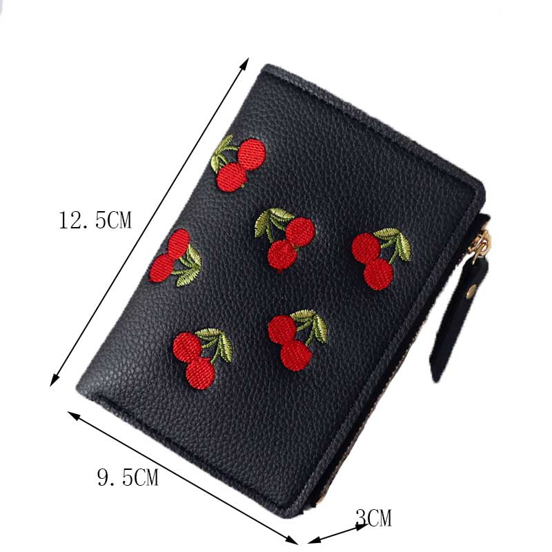 Women Cute Small Wallet Cherry Pattern Card Holder-Black