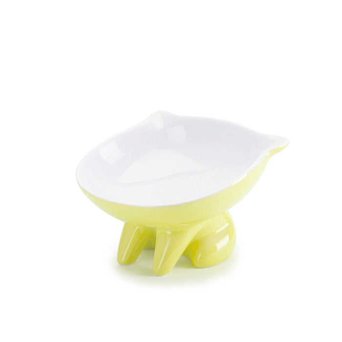 Raised Ceramic Cat Food Q Bowl Dish Tilt Angle Protect Cats Spine-Yellow