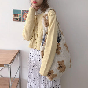 Women Girls Cute Bear Plush Shoulder Bag Large Shopping Handbag-White