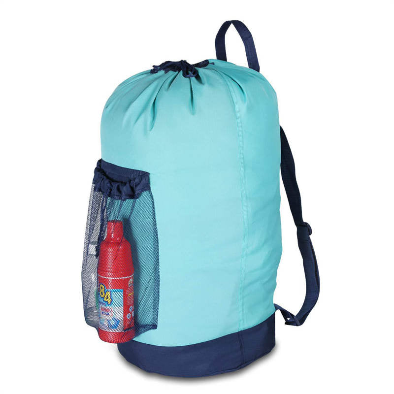 Backpack Laundry Bag With Shoulder Straps And Mesh Pocket Durable Nylon Clothes Bag for College Travel Laundromat -Sky Blue