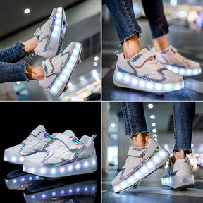 Kids LED Roller Skate Shoes Boys Girls Sneakers with Double Wheel-CD888-White