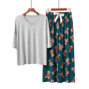 2 Pack Womens Pajama Set Print Sleepwear Soft V-Neck Short Sleeve Top With Pants-9