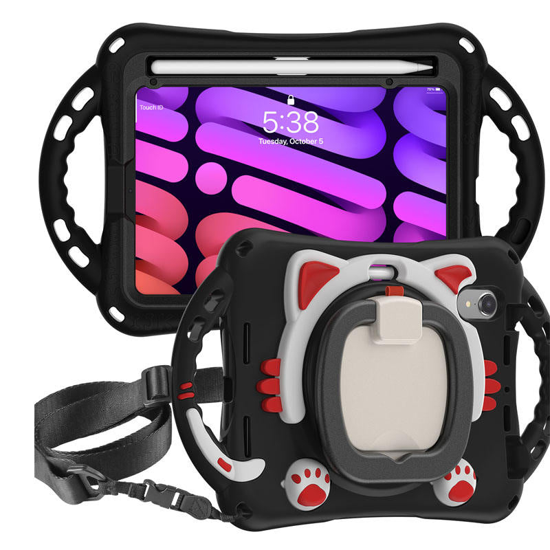 CatB Silicone Case For iPad Mini 6 Shockproof Shoulder Strap Handle Stand-Black Red