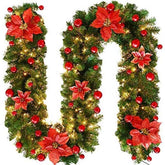 2.7M Christmas Garland with Lights Rattan Artificial Garland Green for Indoor Home Fireplace Stair Decorations-Red