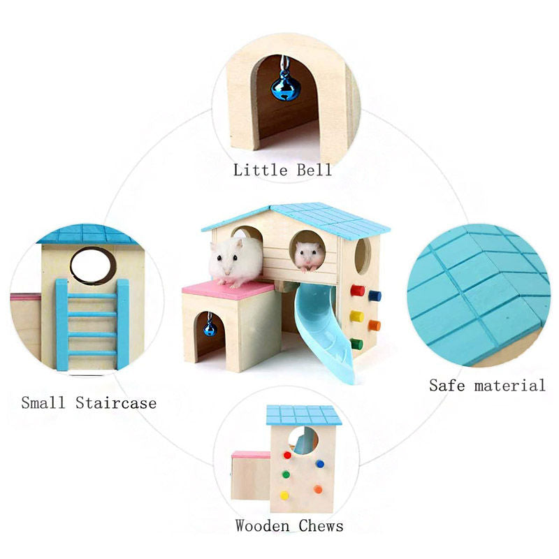 Small Animal Wooden Hideout Hamster House with Slide-Blue