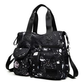 Womens Lightweight Floral Top Handle Handbag Multi-pockets Nylon Shoulder Bag-Black