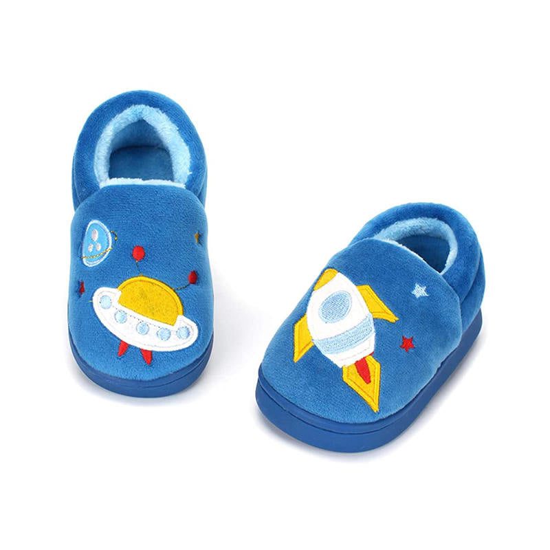 Boys Girls Warm Slippers Cartoon Kids Winter Indoor Household Shoes-Blue