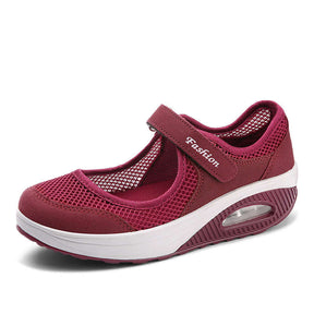 Women Casual Air Cushion Sneakers Velcro Mary Jane Shoes-Red