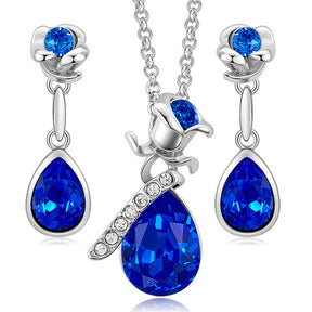 Rose Crystal Necklace and Earrings Set for Mom Wife-SilverBlue