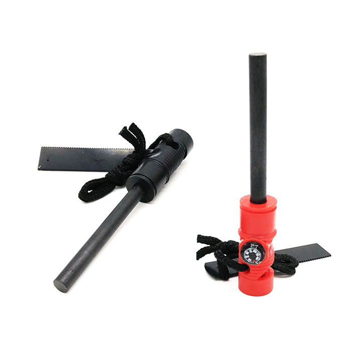 2 Pcs 3-in-1 Survival Multifunction Tool Magnesium Fire Starter Rod Compass & Whistle-Black+Red