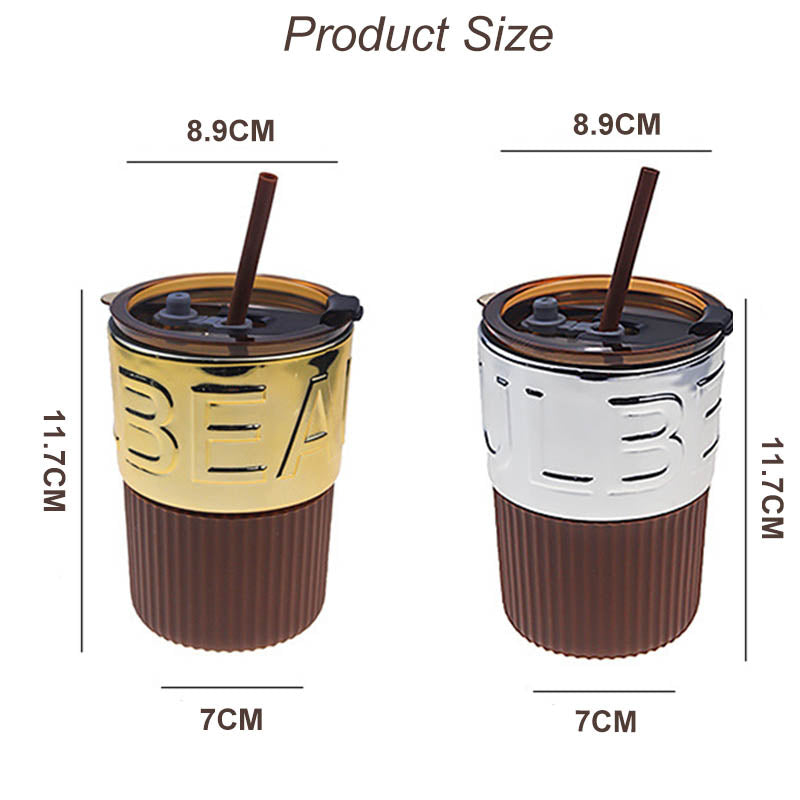 420ml Glass Coffee Mug with Lids and Straws Travel Friendly-SilverWhite