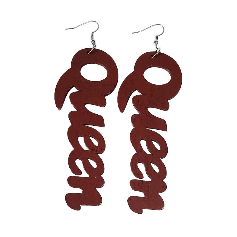 Queen Wood Dangle Pierced Earrings-Brown