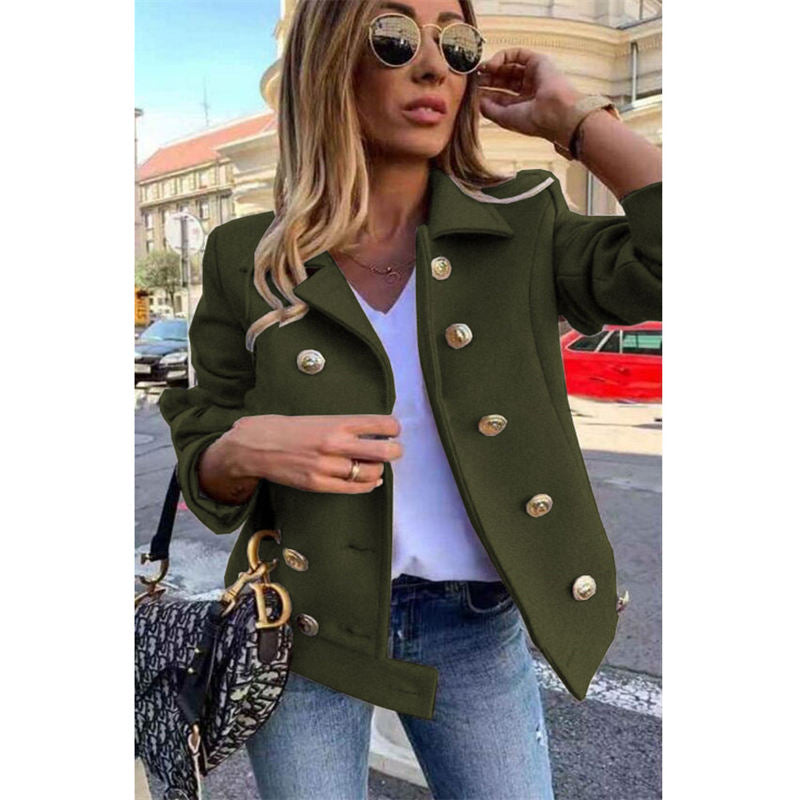 Womens Peacoat Double Breasted Lapel Casual Cropped Jackets Winter-Army Green