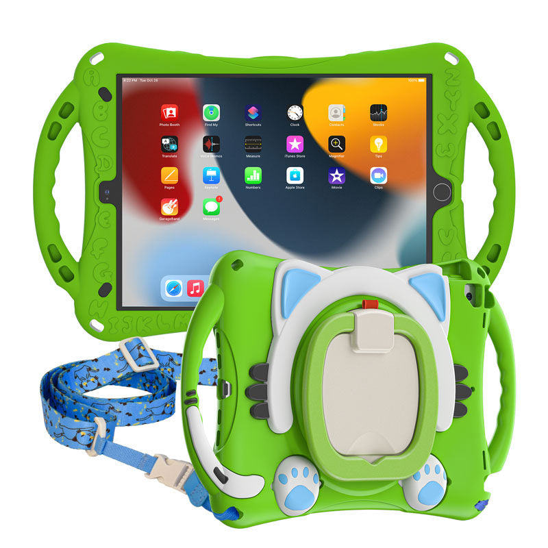 CatB Silicone Case For iPad 10.2 Air10.5 Pro10.5 Shockproof Shoulder Strap Handle Stand-Green