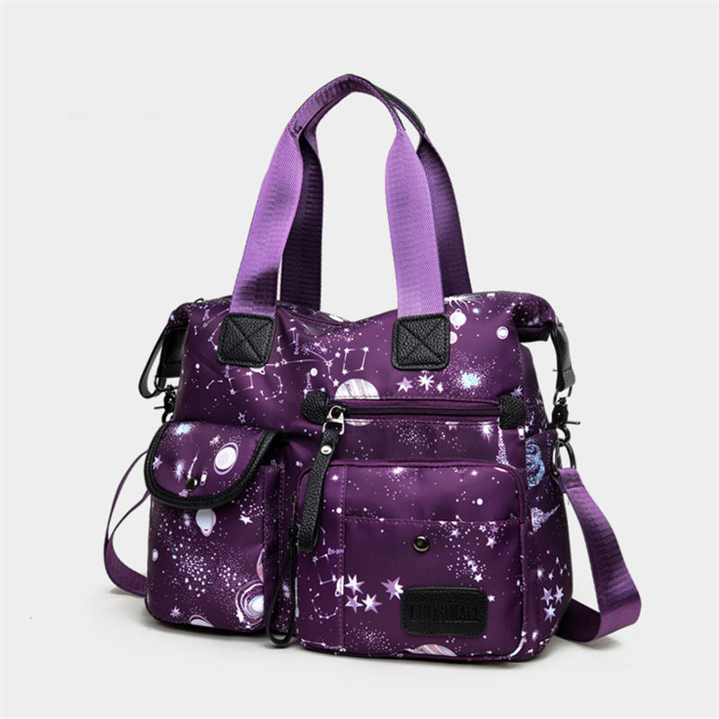 Womens Lightweight Floral Top Handle Handbag Multi-pockets Nylon Shoulder Bag-Purple