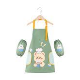 Kids Adjustable Kitchen Apron with Sleeve Covers for Cooking Painting-Green Bear