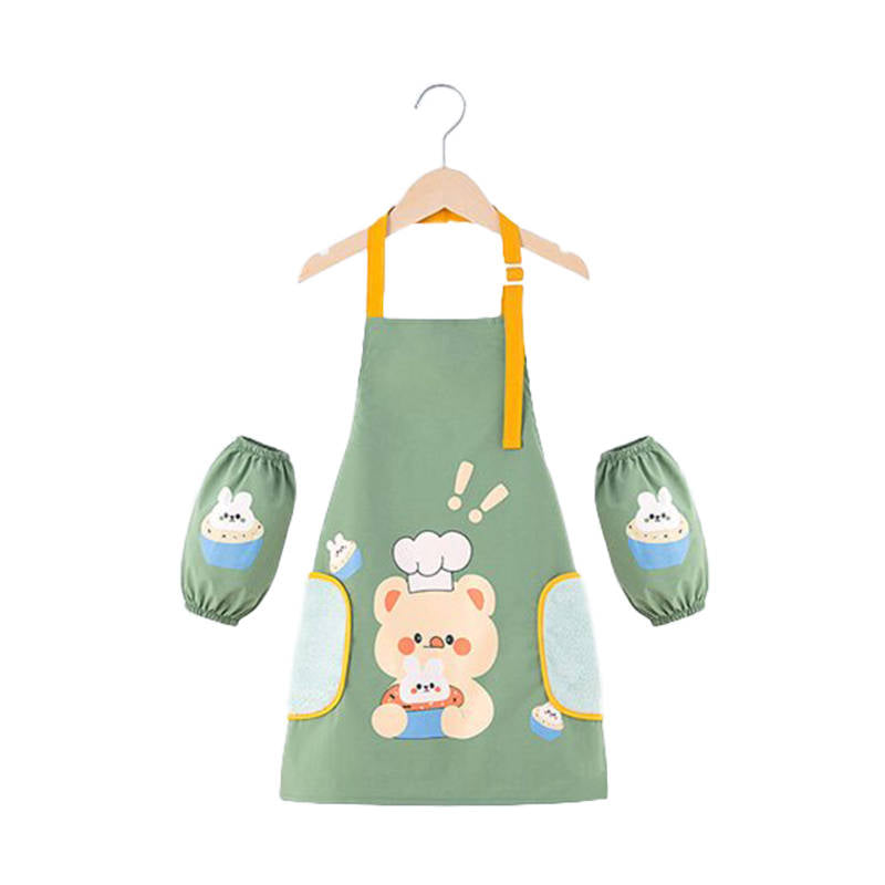 Kids Adjustable Kitchen Apron with Sleeve Covers for Cooking Painting-Green Bear