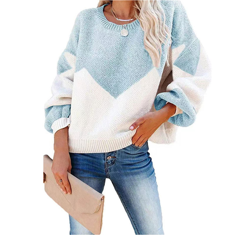 Womens Color Block Loose Knit Pullover Sweater Lantern Sleeve-Sky Blue