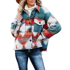 Womens Aztec Jacket Retro Lapel Long Sleeve Coat with Pockets-Orange