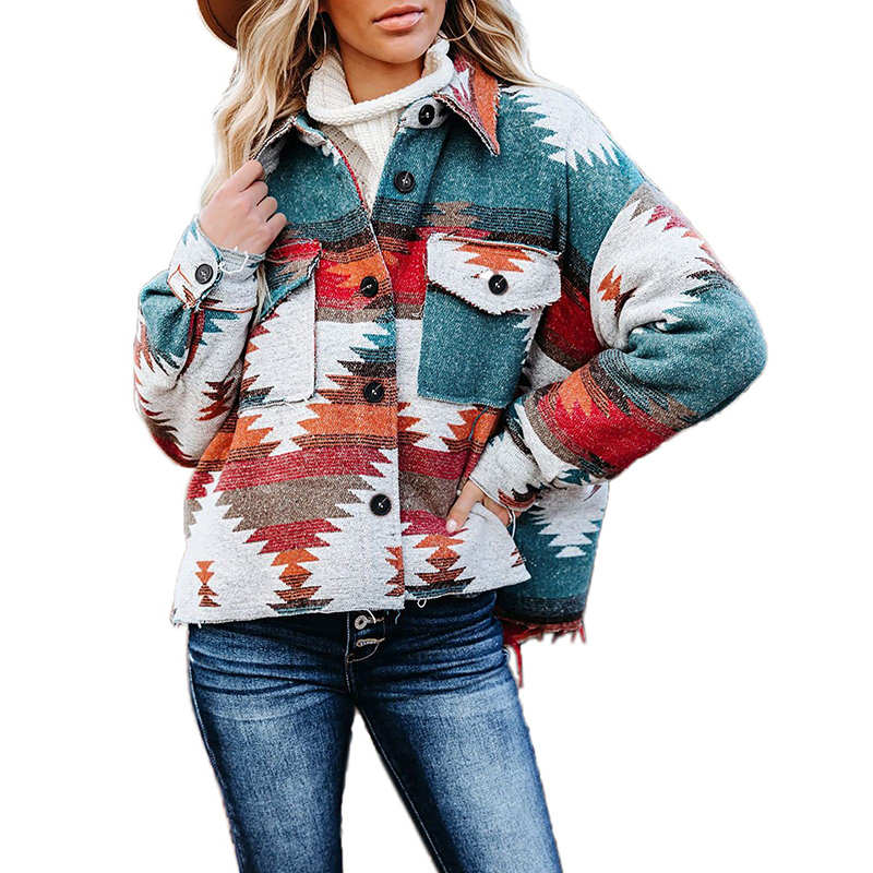 Womens Aztec Jacket Retro Lapel Long Sleeve Coat with Pockets-Orange